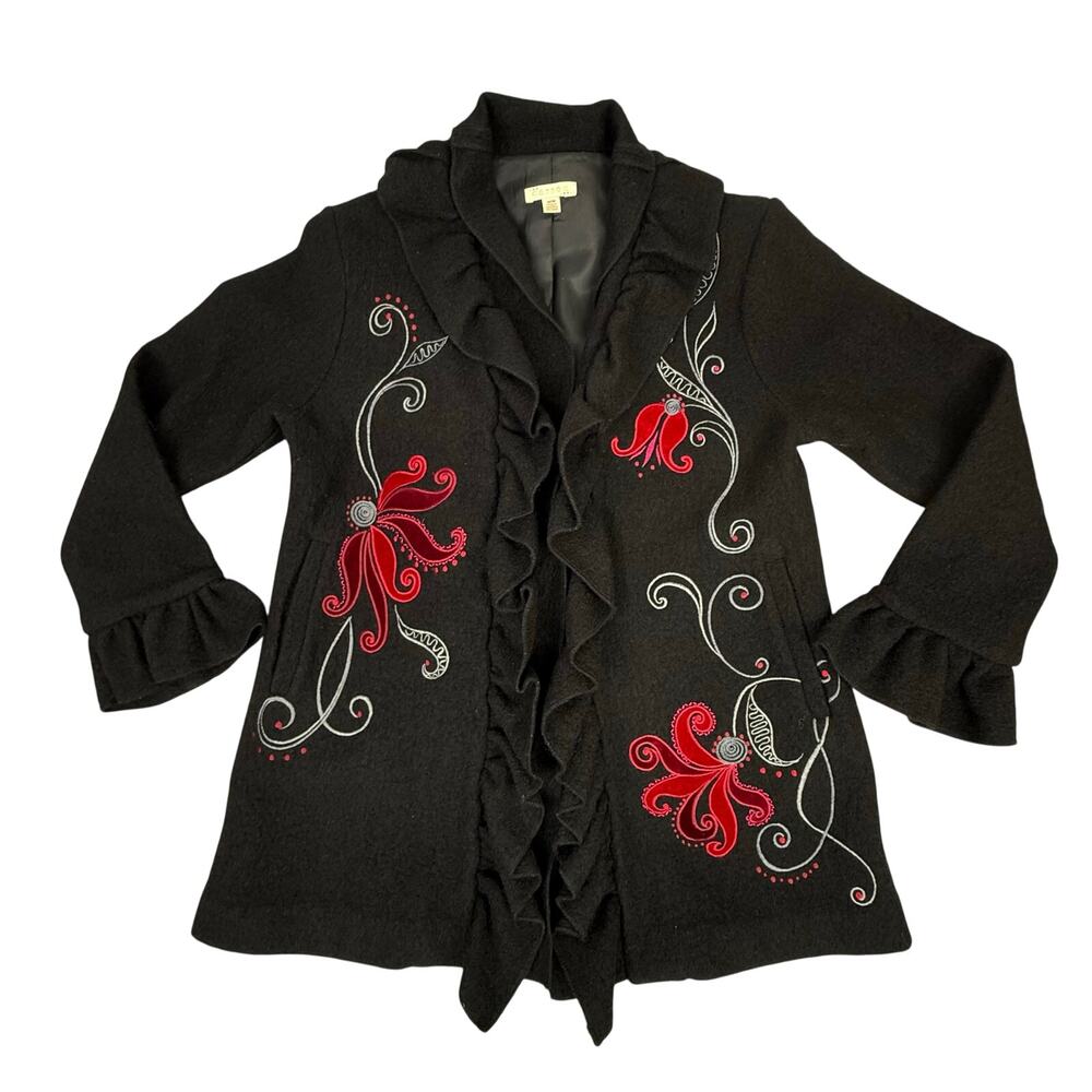 Cayson Wool Coat Size Medium Embroidery Ruffle Jacket Y2K Vintage Goth Baddie